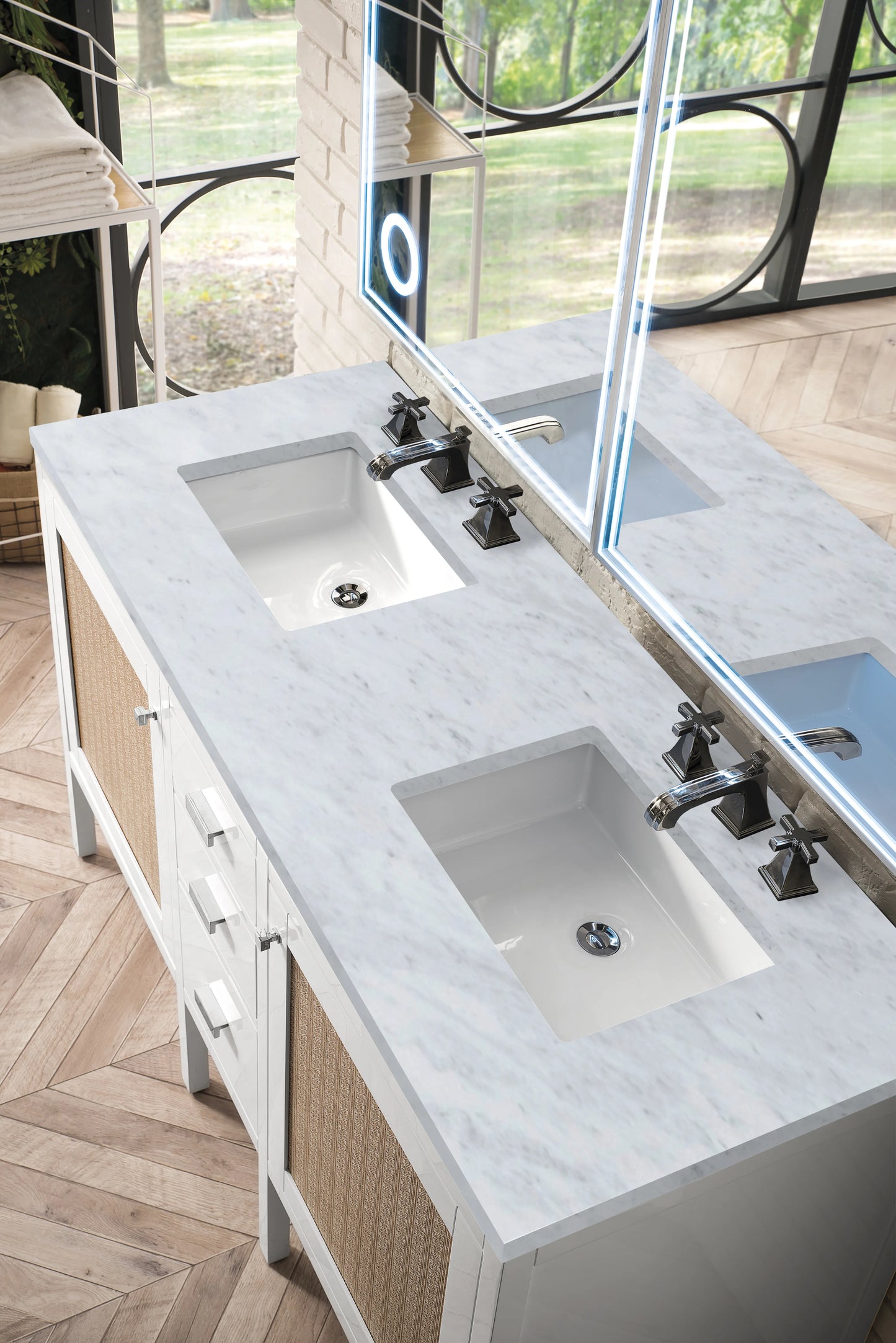 Renovate for Less Atlanta Addison 60" Double Vanity, Glossy White w/ 3 CM Carrara White Top, view 3