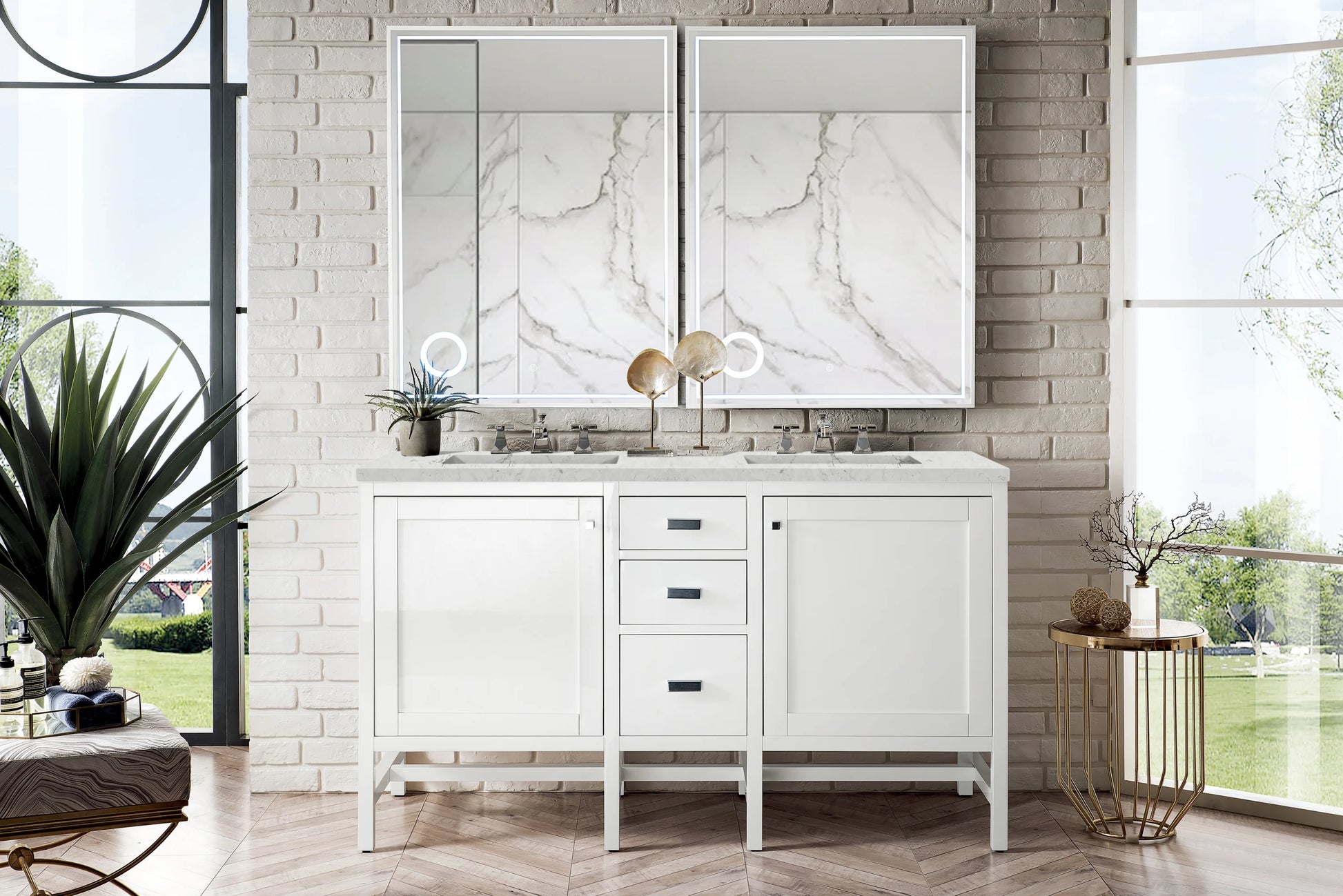 Renovate for Less Atlanta Addison 60" Double Vanity, Glossy White w/ 3 CM Eternal Jasmine Pearl Silestone Top, view 2