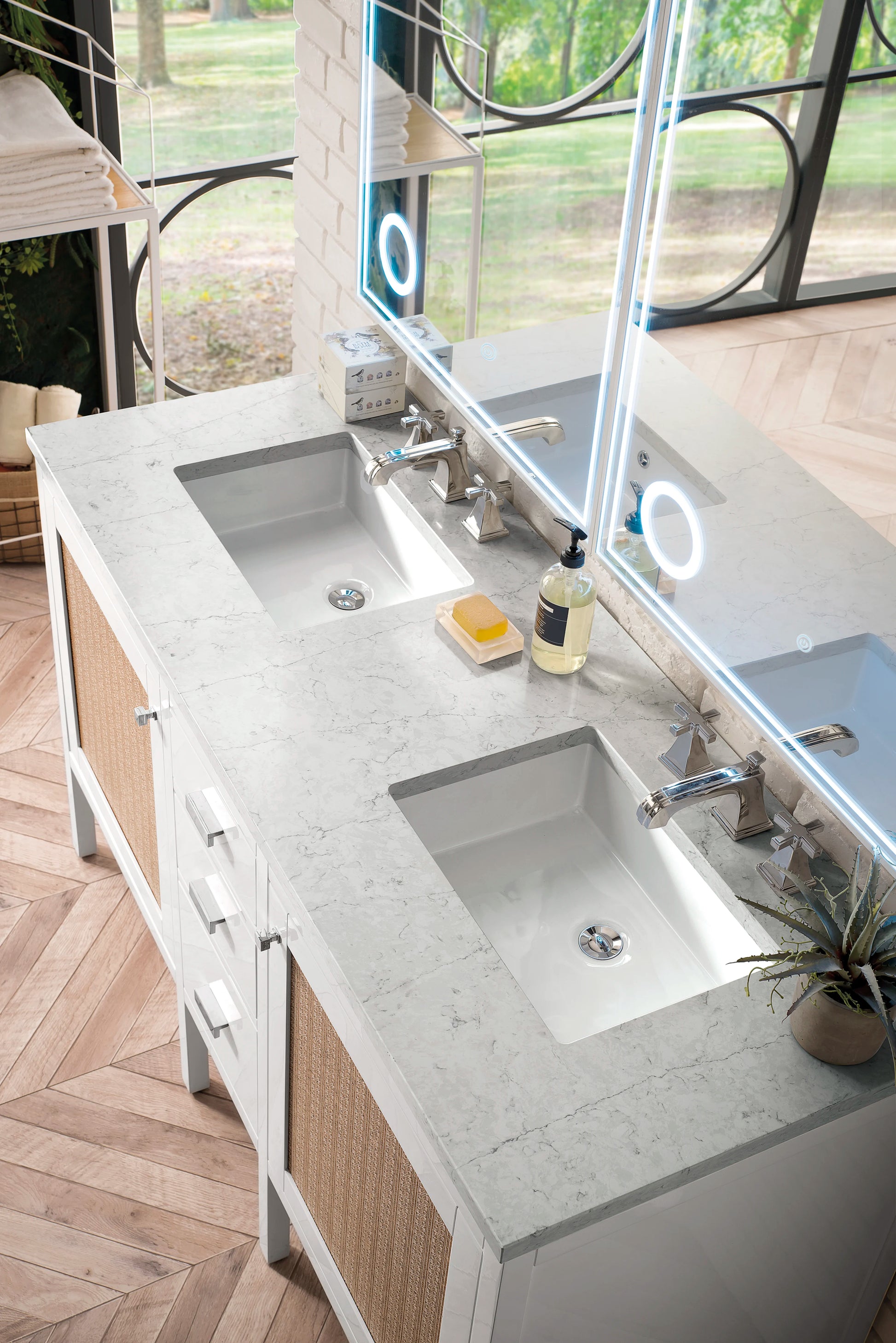 Renovate for Less Atlanta Addison 60" Double Vanity, Glossy White w/ 3 CM Eternal Jasmine Pearl Silestone Top, view 3