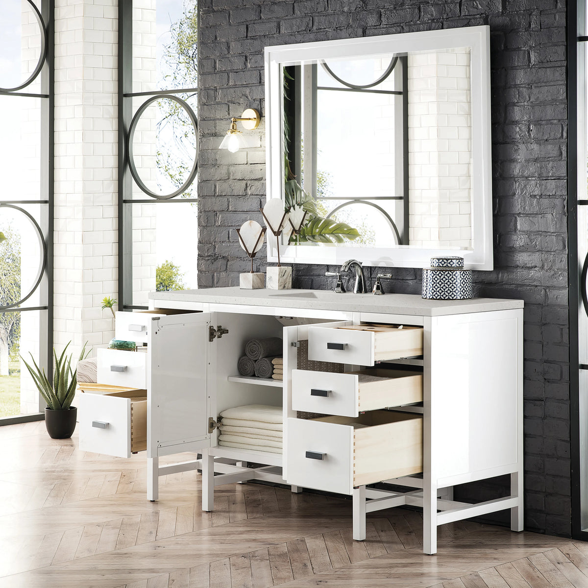 Addison 60" Single Vanity, Glossy White w/ 3 CM Lime Delight Silestone Top, view 4