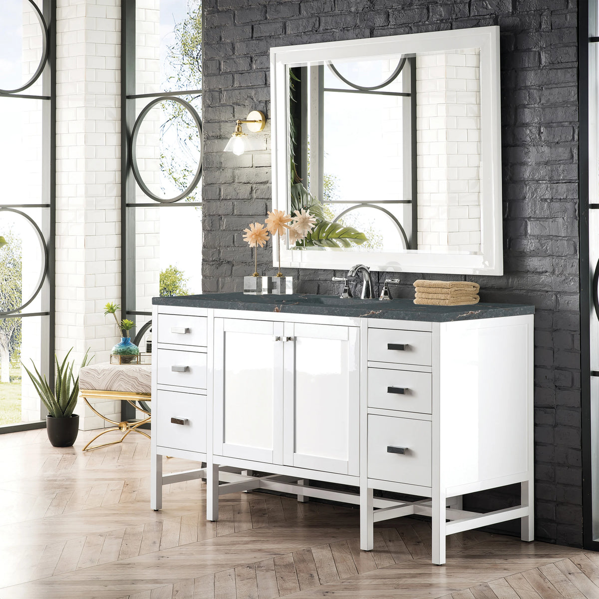 Addison 60" Single Vanity, Glossy White w/ 3 CM Parisien Bleu Silestone Top, view 3