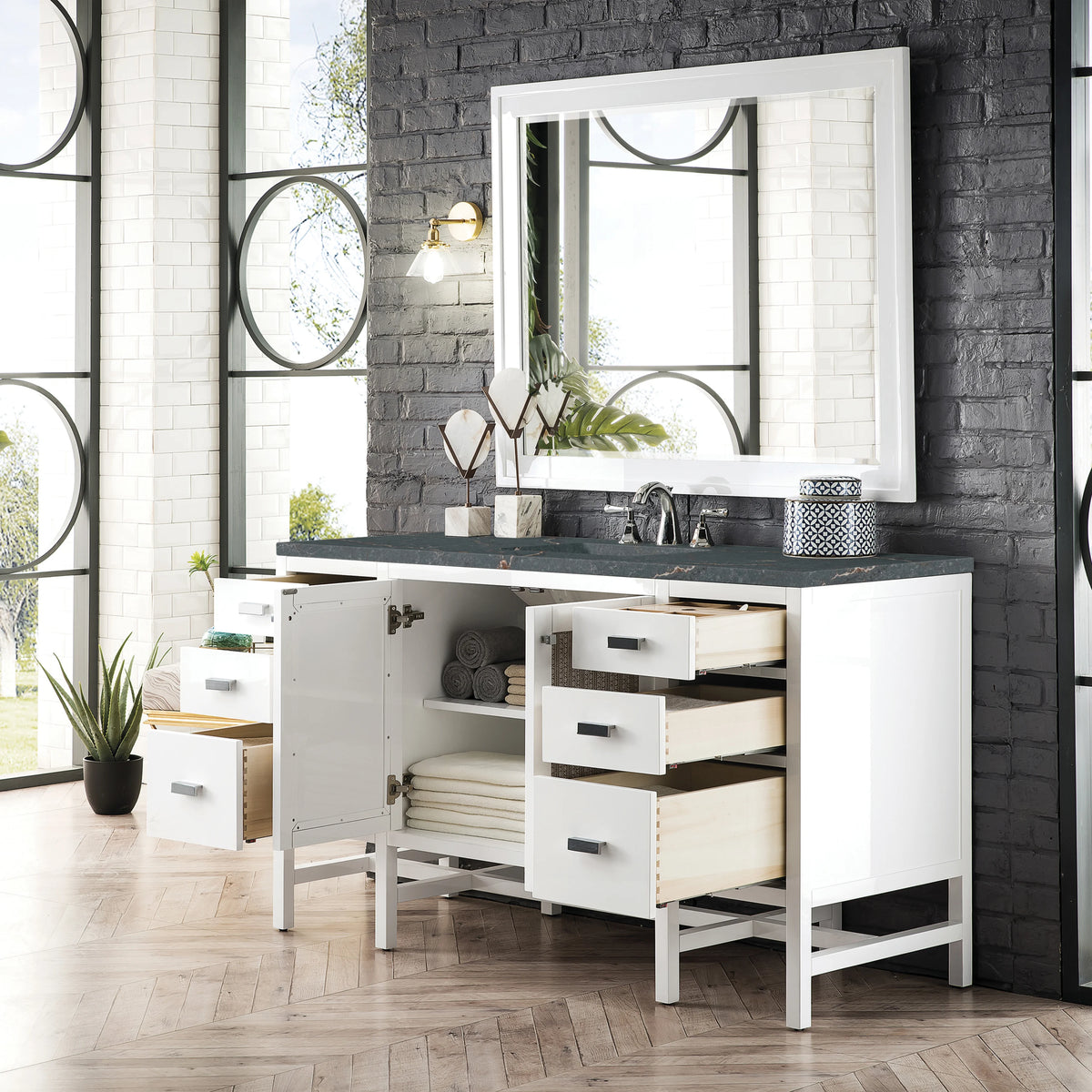 Addison 60" Single Vanity, Glossy White w/ 3 CM Parisien Bleu Silestone Top, view 4