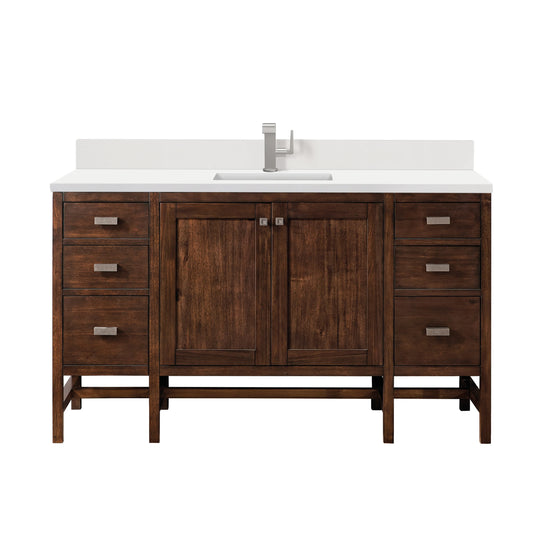 Addison 60" Single Vanity, Mid-Century Acacia w/ Single Hole 3 CM White Zeus Silestone Top & Backsplash