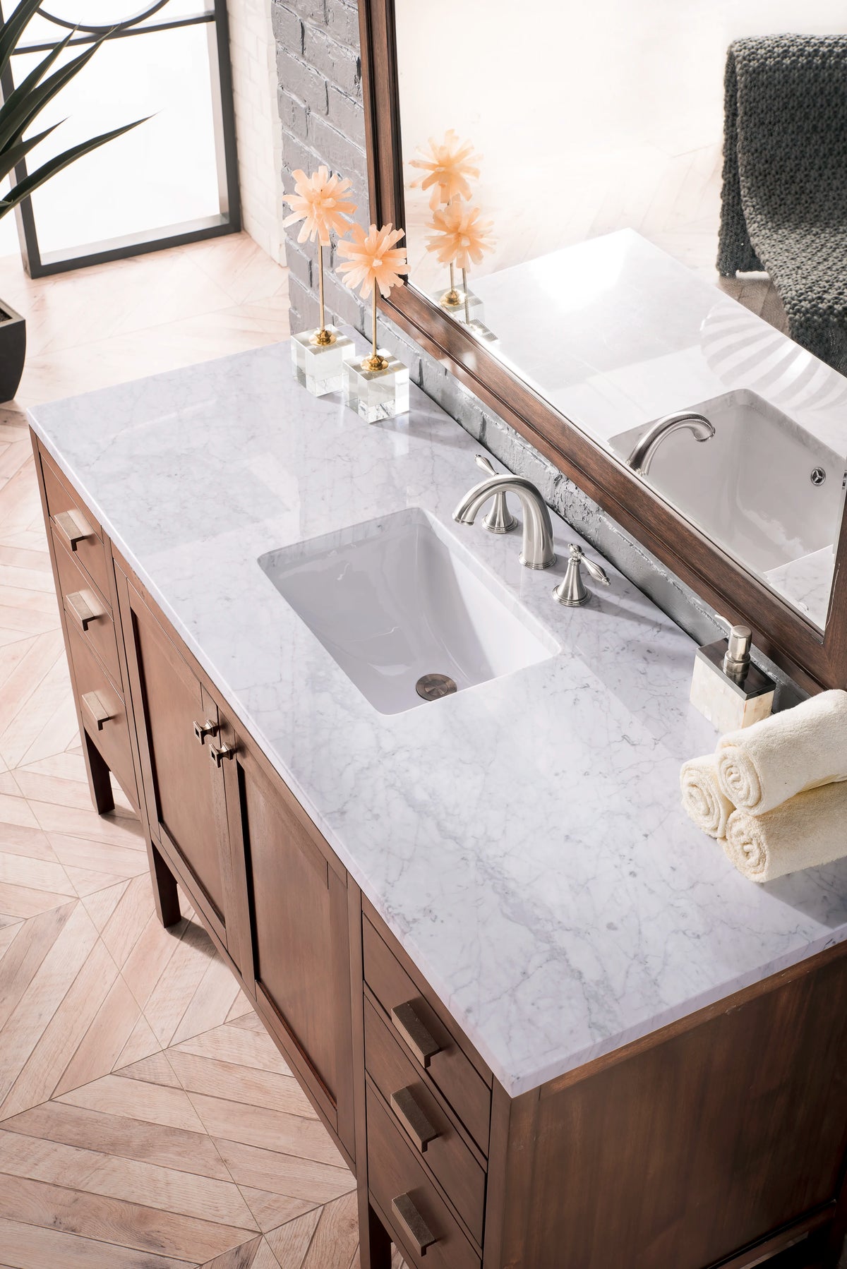 Addison 60" Single Vanity, Mid-Century Acacia w/ 3 CM Carrara White Top, view 3
