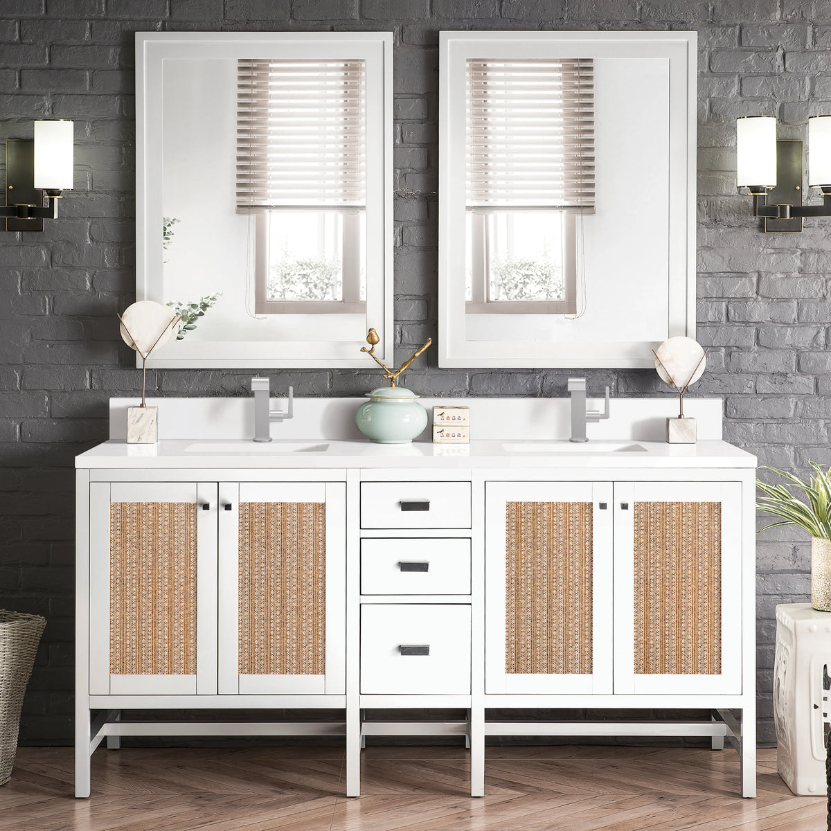 Addison 72" Double Vanity, Glossy White w/ Single Hole 3 CM White Zeus Silestone Top & Backsplash, view 2