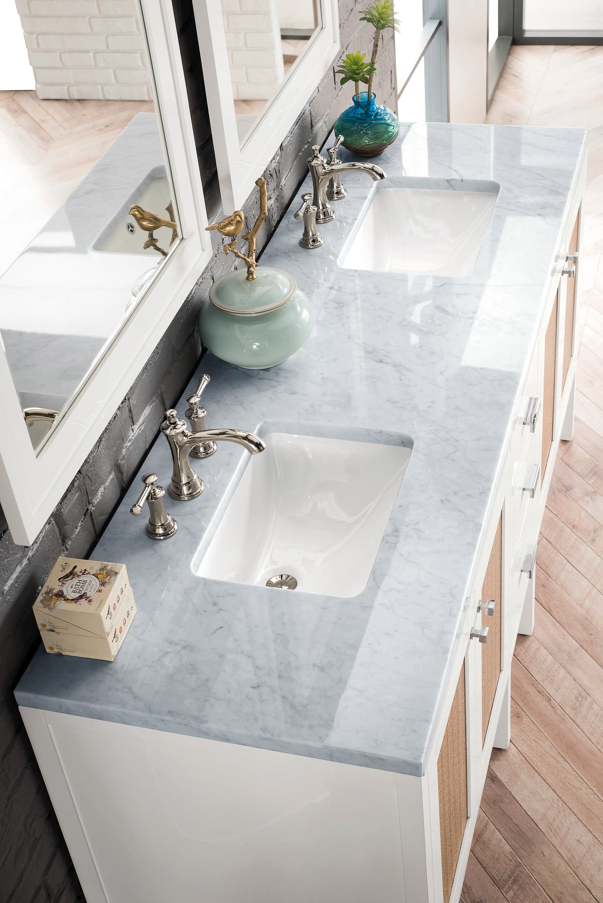 Addison 72" Double Vanity, Glossy White w/ 3 CM Carrara White Top, view 2