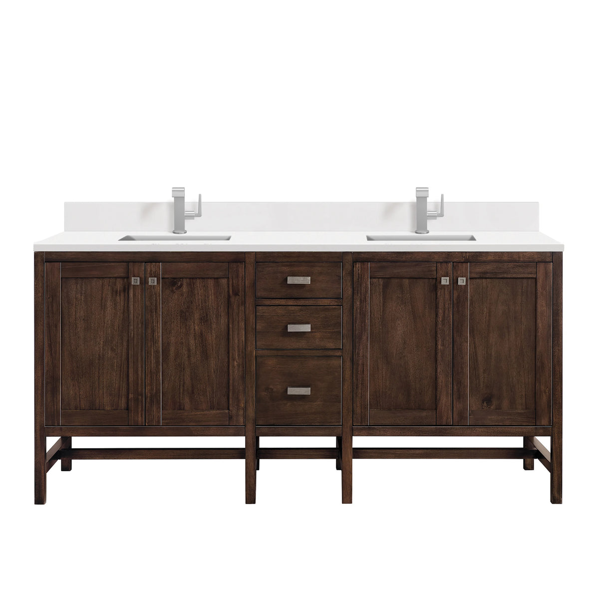 Addison 72" Double Vanity, Mid-Century Acacia w/ Single Hole 3 CM White Zeus Silestone Top & Backsplash