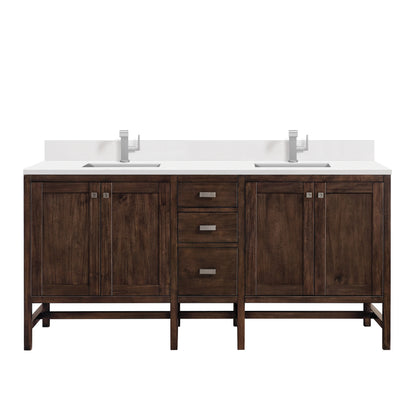 Addison 72" Double Vanity, Mid-Century Acacia w/ Single Hole 3 CM White Zeus Silestone Top & Backsplash