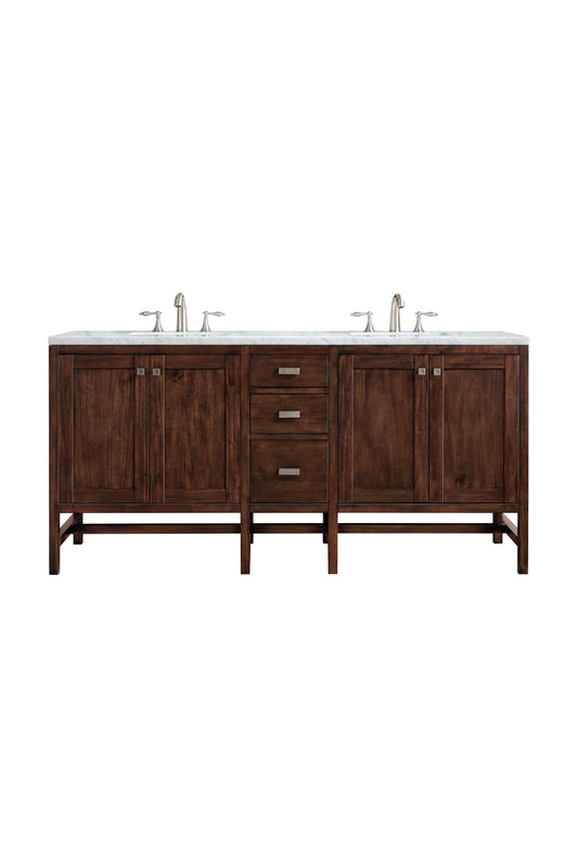 Addison 72" Double Vanity, Mid-Century Acacia w/ 3 CM Carrara White Top