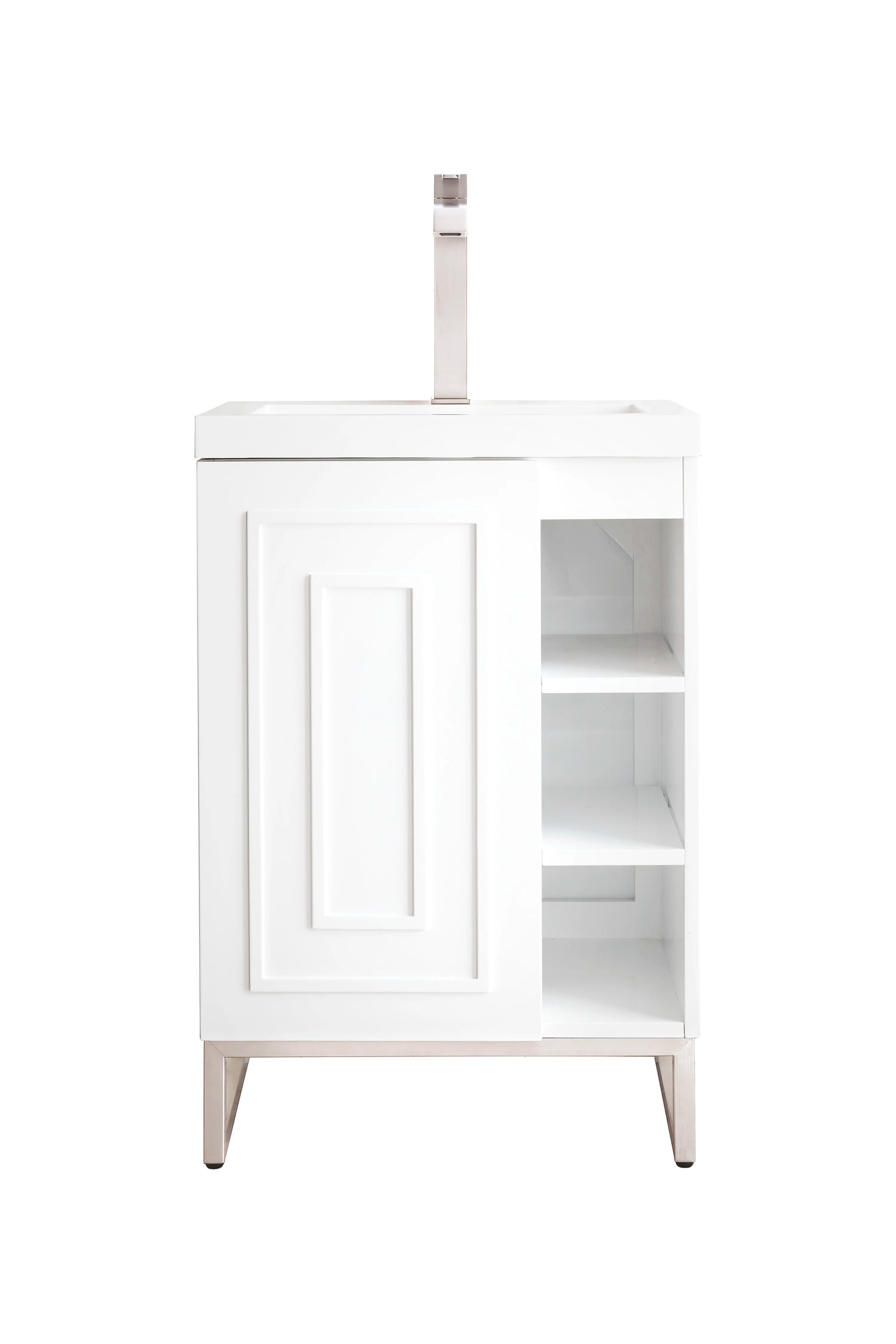 Renovate for Less Atlanta Alicante 24" Single Vanity, Glossy White, Brushed Nickel w/ White Glossy Composite Stone Top