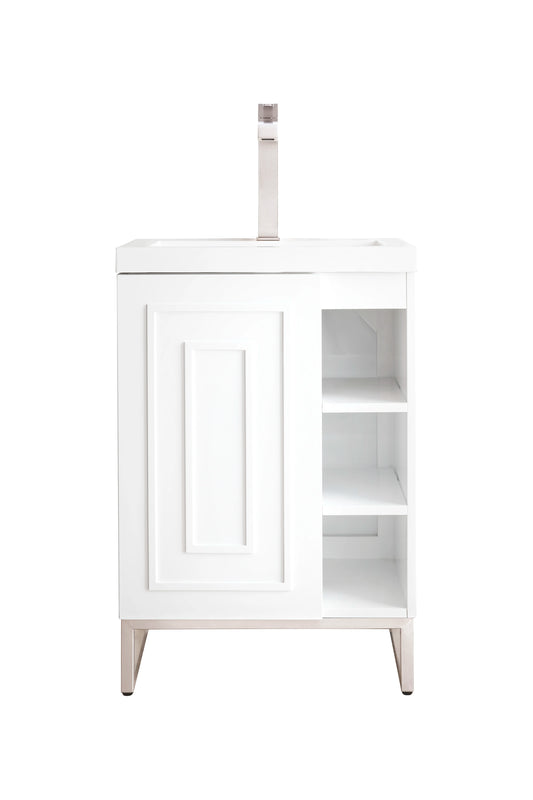 Renovate for Less Atlanta Alicante 24" Single Vanity, Glossy White, Brushed Nickel w/ White Glossy Composite Stone Top