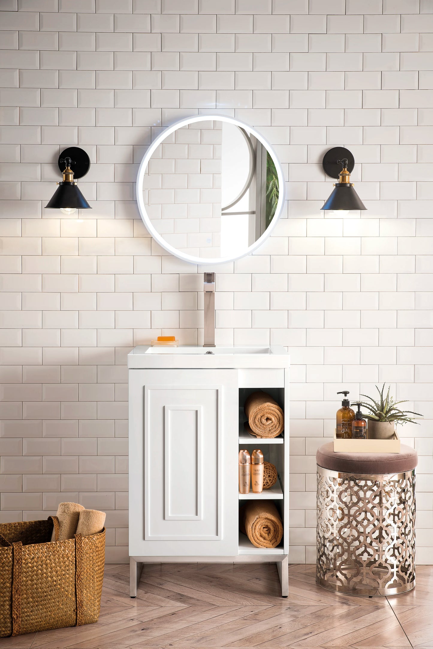 Renovate for Less Atlanta Alicante 24" Single Vanity, Glossy White, Brushed Nickel w/ White Glossy Composite Stone Top, view 2