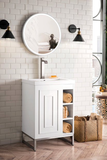 Renovate for Less Atlanta Alicante 24" Single Vanity, Glossy White, Brushed Nickel w/ White Glossy Composite Stone Top, view 3