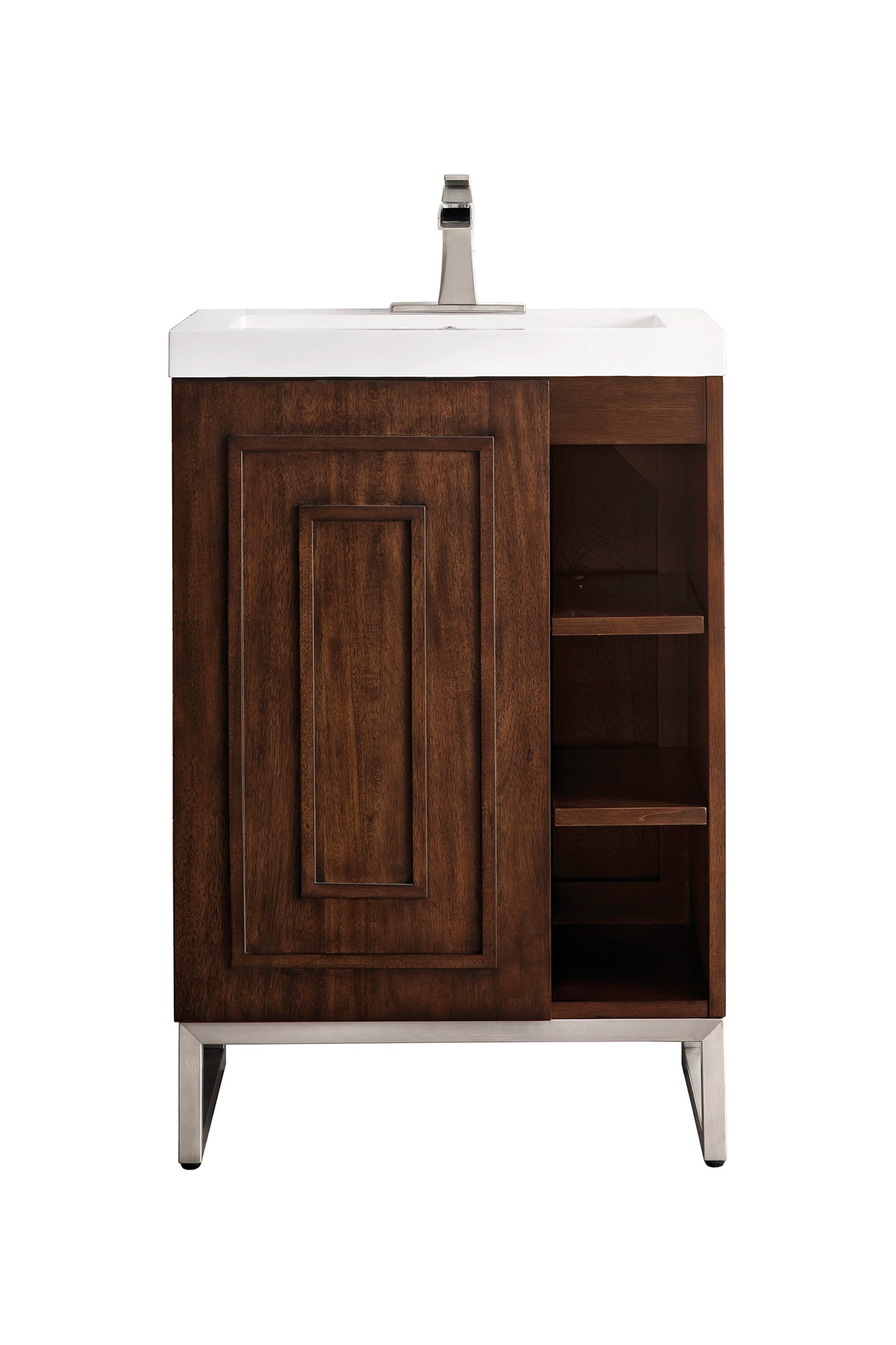 Renovate for Less Atlanta Alicante 24" Single Vanity, Mid-Century Acacia, Brushed Nickel w/ White Glossy Composite Stone Top