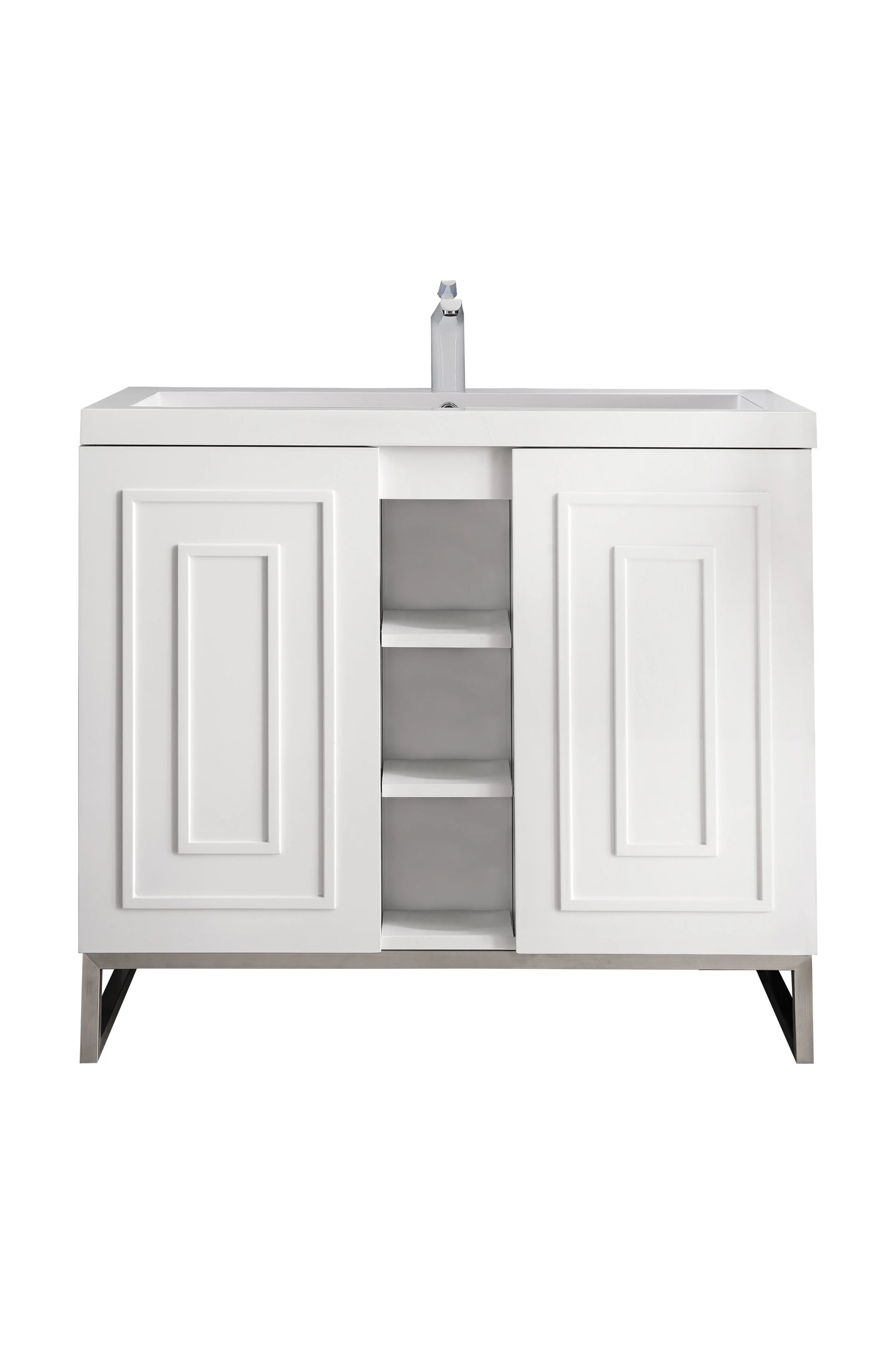 Renovate for Less Atlanta Alicante 39.5" Single Vanity, Glossy White, Brushed Nickel w/ White Glossy Composite Stone Top