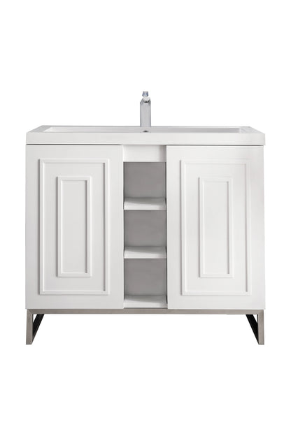 Renovate for Less Atlanta Alicante 39.5" Single Vanity, Glossy White, Brushed Nickel w/ White Glossy Composite Stone Top