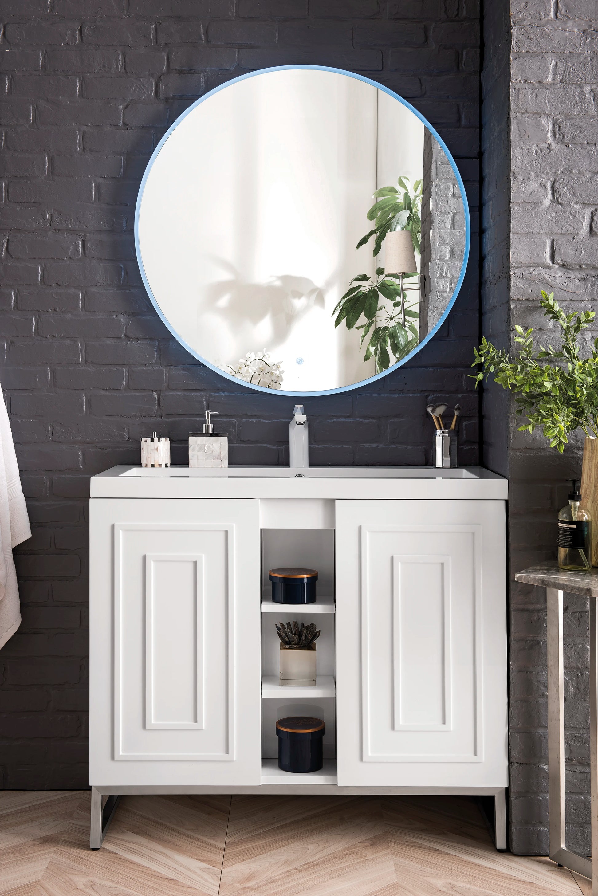 Renovate for Less Atlanta Alicante 39.5" Single Vanity, Glossy White, Brushed Nickel w/ White Glossy Composite Stone Top, view 2