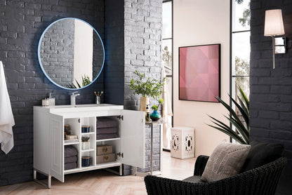 Renovate for Less Atlanta Alicante 39.5" Single Vanity, Glossy White, Brushed Nickel w/ White Glossy Composite Stone Top, view 4