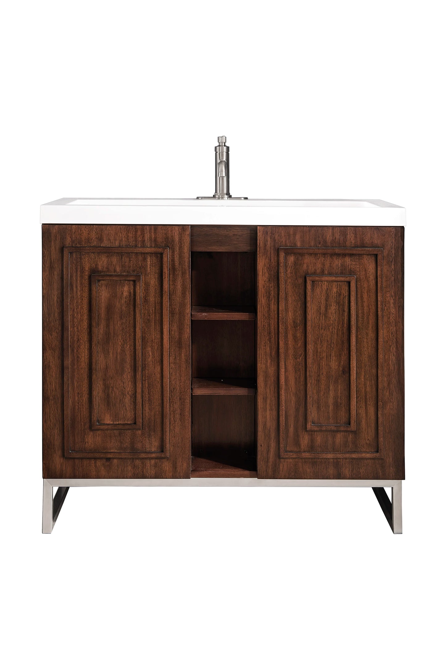 Renovate for Less Atlanta Alicante 39.5" Single Vanity, Mid-Century Acacia, Brushed Nickel w/ White Glossy Composite Stone Top