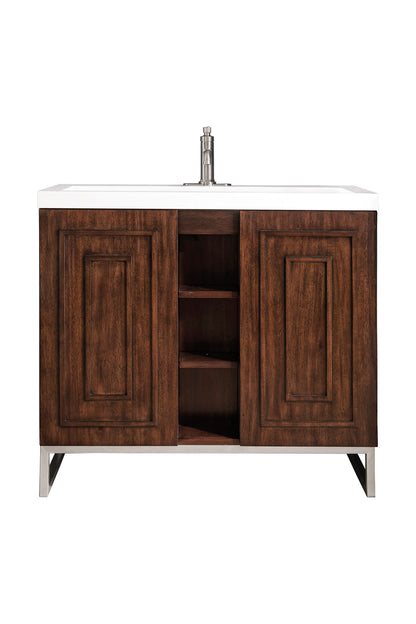 Renovate for Less Atlanta Alicante 39.5" Single Vanity, Mid-Century Acacia, Brushed Nickel w/ White Glossy Composite Stone Top