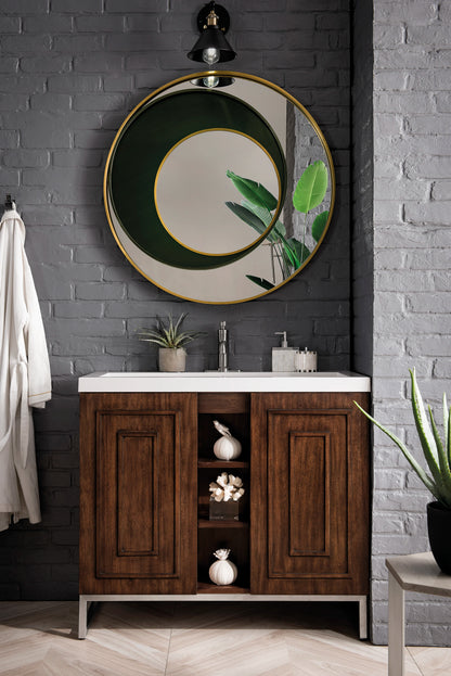 Renovate for Less Atlanta Alicante 39.5" Single Vanity, Mid-Century Acacia, Brushed Nickel w/ White Glossy Composite Stone Top, view 2
