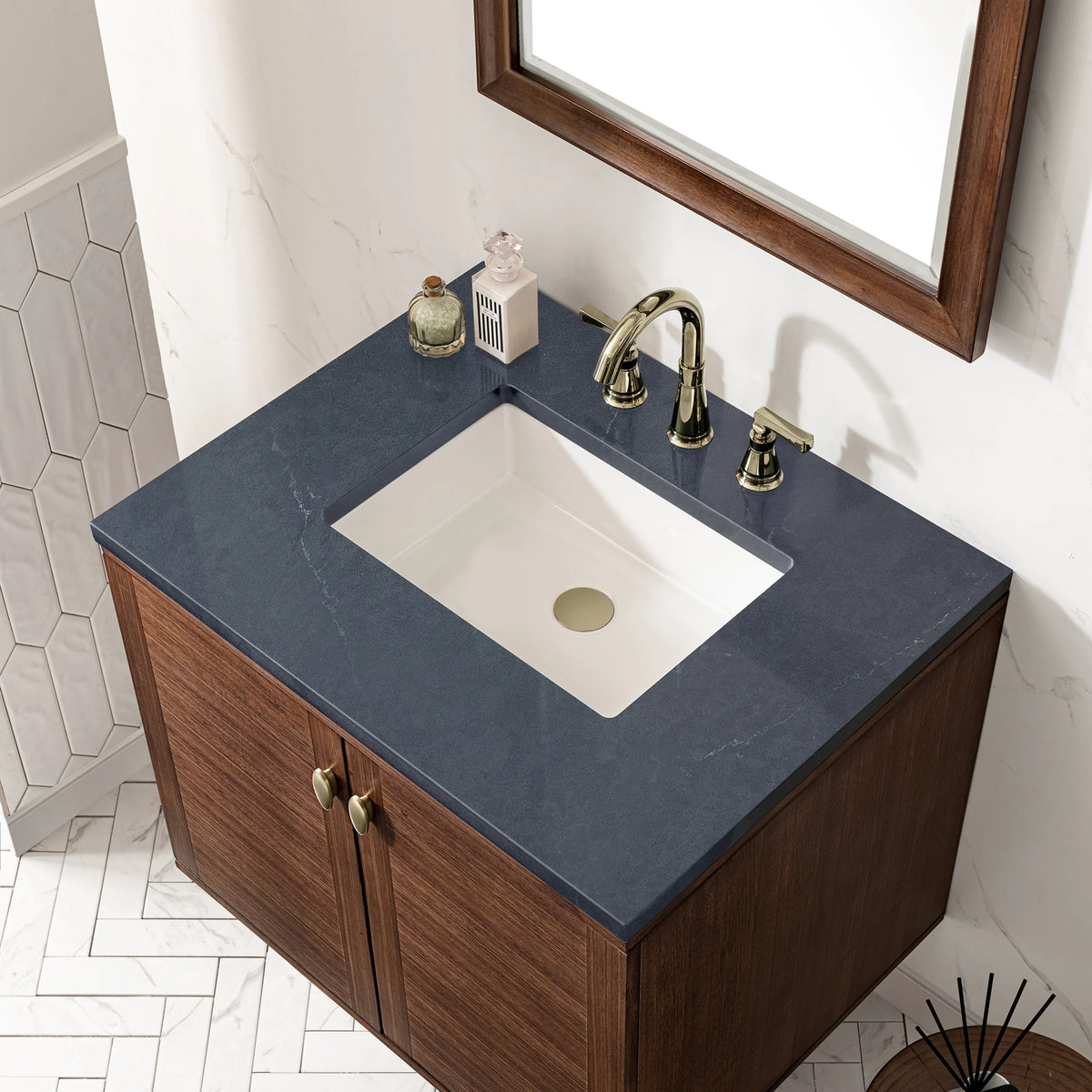 Amberly 30" Single Vanity, Mid-Century Walnut w/ 3 CM Charcoal Soapstone Top, view 12