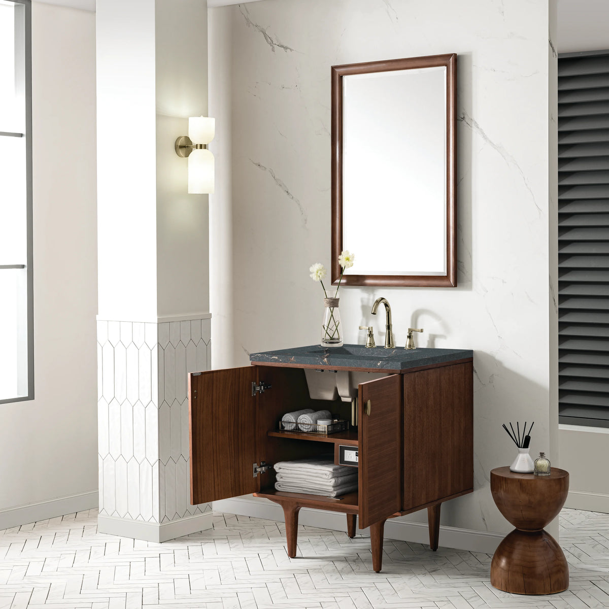 Amberly 30" Single Vanity, Mid-Century Walnut w/ 3 CM Parisien Bleu Top, view 9