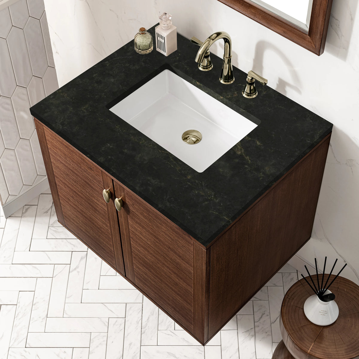 Amberly 30" Single Vanity, Mid-Century Walnut, w/ 3 CM Phantome Eclos Top, view 12