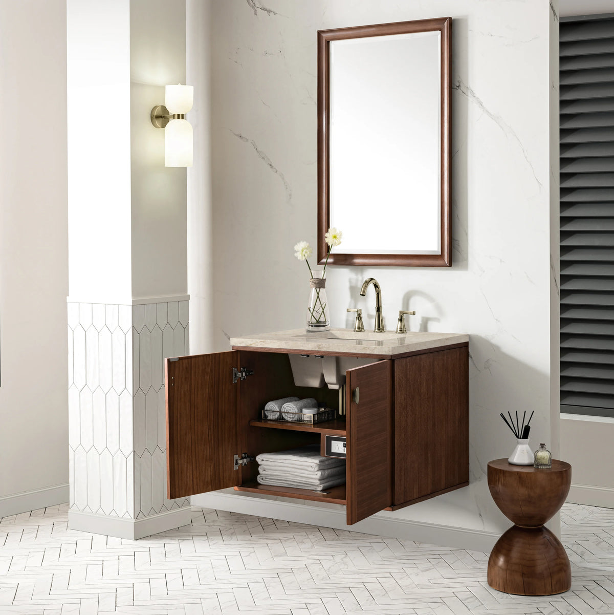 Amberly 30" Single Vanity, Mid-Century Walnut, w/ 3 CM Tajnar Eclos Top, view 10
