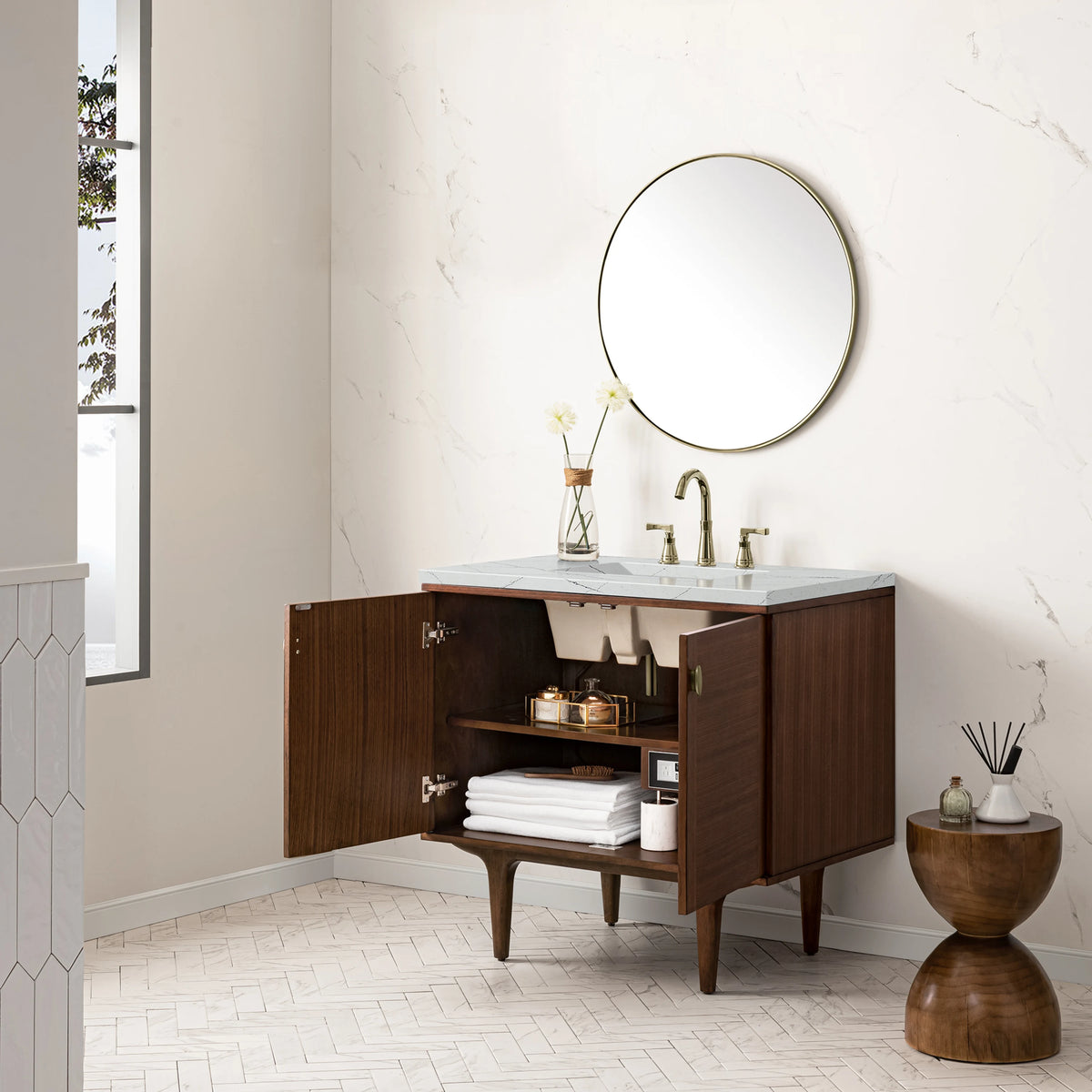 Amberly 36" Single Vanity, Mid-Century Walnut w/ 3 CM Ethereal Noctis Top, view 9