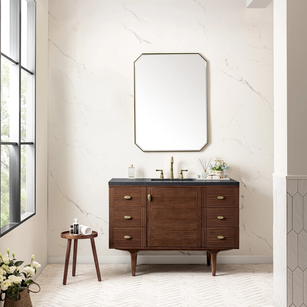 Amberly 48" Single Vanity, Mid-Century Walnut w/ 3 CM Charcoal Soapstone Top, view 5