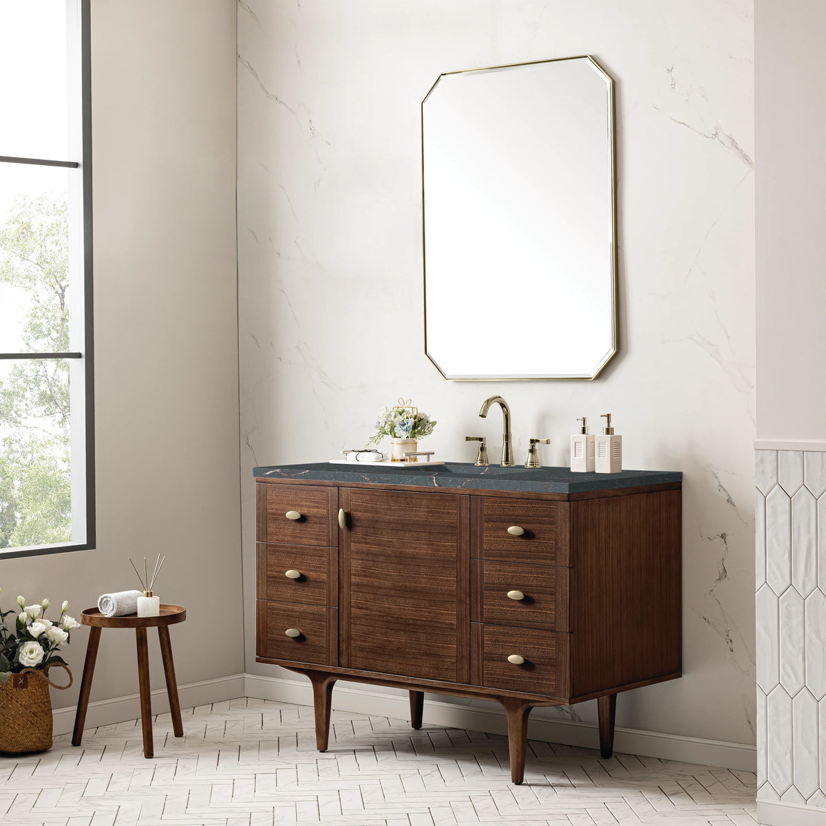 Amberly 48" Single Vanity, Mid-Century Walnut w/ 3 CM Parisien Bleu Top, view 7