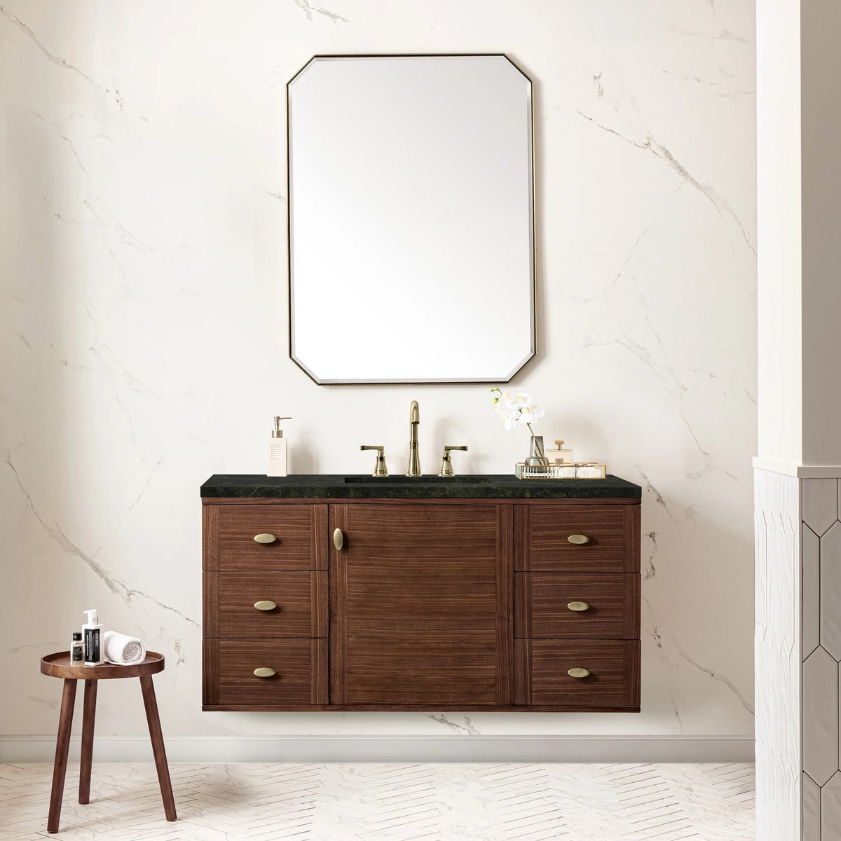 Amberly 48" Single Vanity, Mid-Century Walnut, w/ 3 CM Phantome Eclos Top, view 6