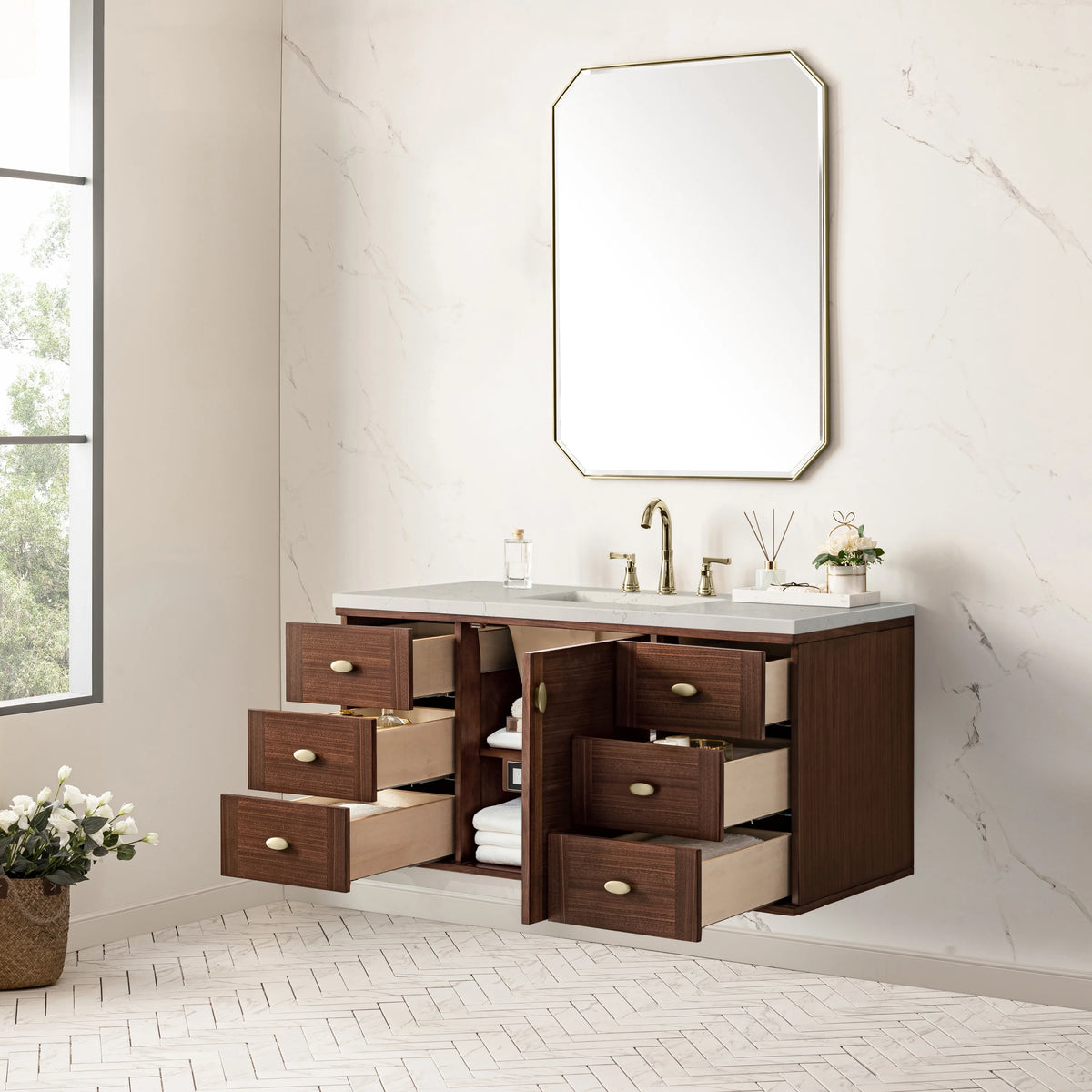 Amberly 48" Single Vanity, Mid-Century Walnut, w/ 3 CM Siberian Silestone Top, view 10