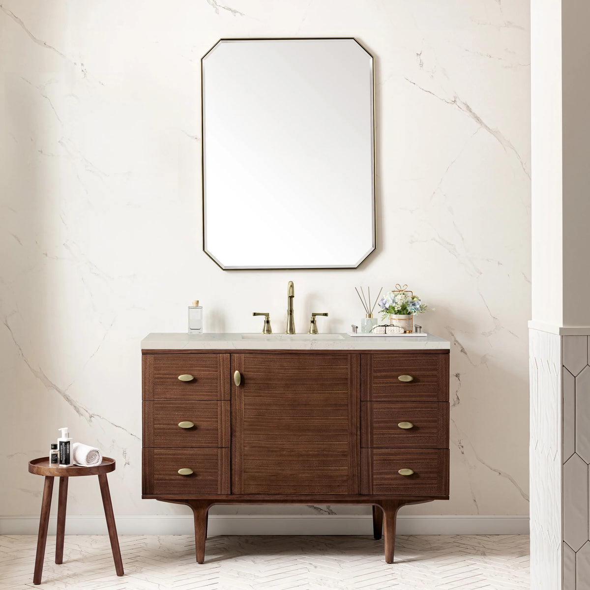 Amberly 48" Single Vanity, Mid-Century Walnut, w/ 3 CM Siberian Silestone Top, view 5