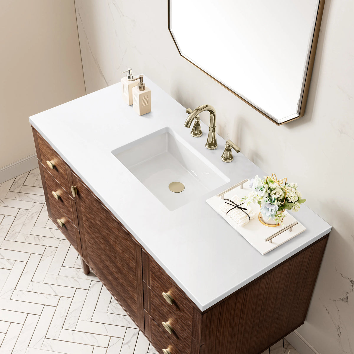 Amberly 48" Single Vanity, Mid-Century Walnut w/ 3 CM White Zeus Top, view 16