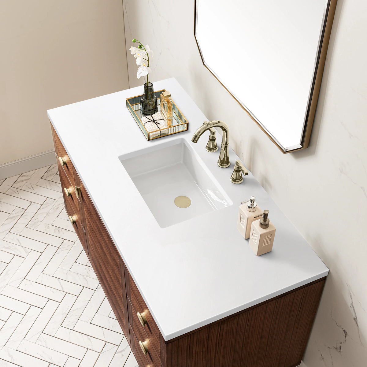 Amberly 48" Single Vanity, Mid-Century Walnut w/ 3 CM White Zeus Top, view 17