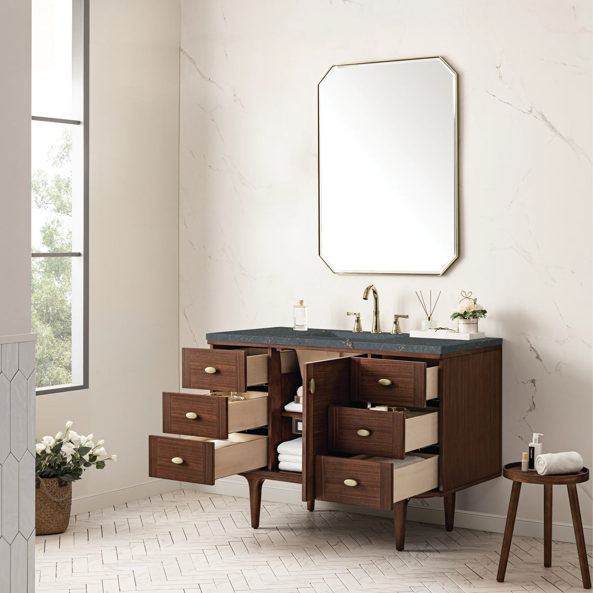 Amberly 48" Single Vanity, Mid-Century Walnut w/ 3 CM Parisien Bleu Top w/FreePower Wireless Charger, view 10