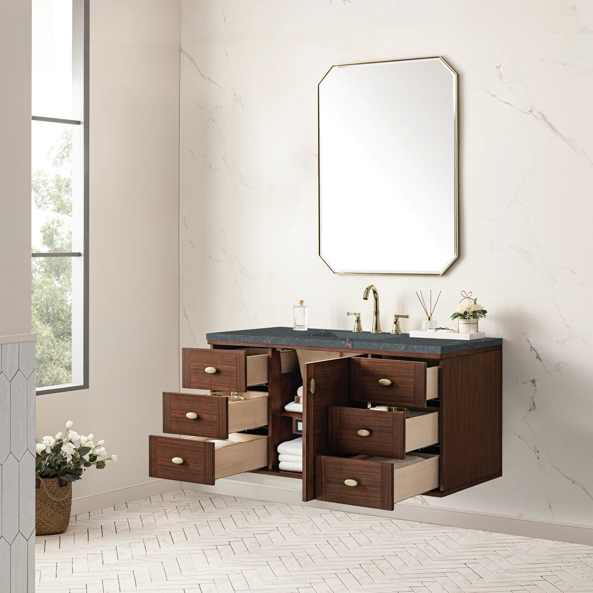 Amberly 48" Single Vanity, Mid-Century Walnut w/ 3 CM Parisien Bleu Top w/FreePower Wireless Charger, view 11