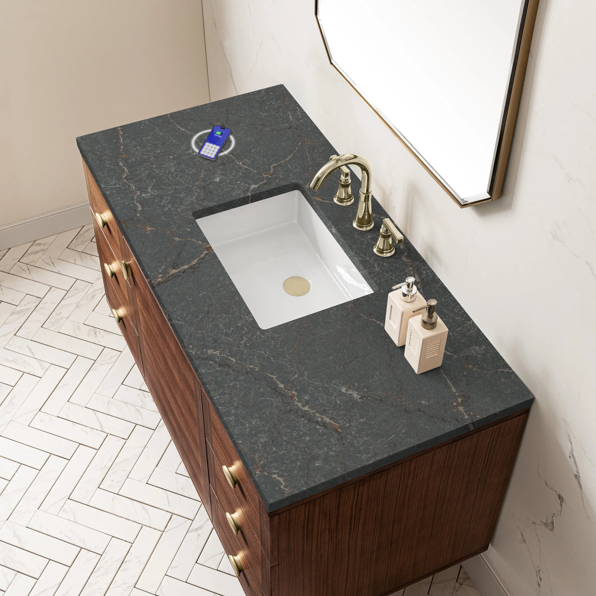 Amberly 48" Single Vanity, Mid-Century Walnut w/ 3 CM Parisien Bleu Top w/FreePower Wireless Charger, view 12