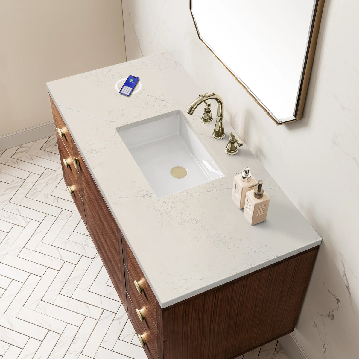 Amberly 48" Single Vanity, Mid-Century Walnut, w/ 3 CM Siberian Silestone Top w/FreePower Wireless Charger, view 13