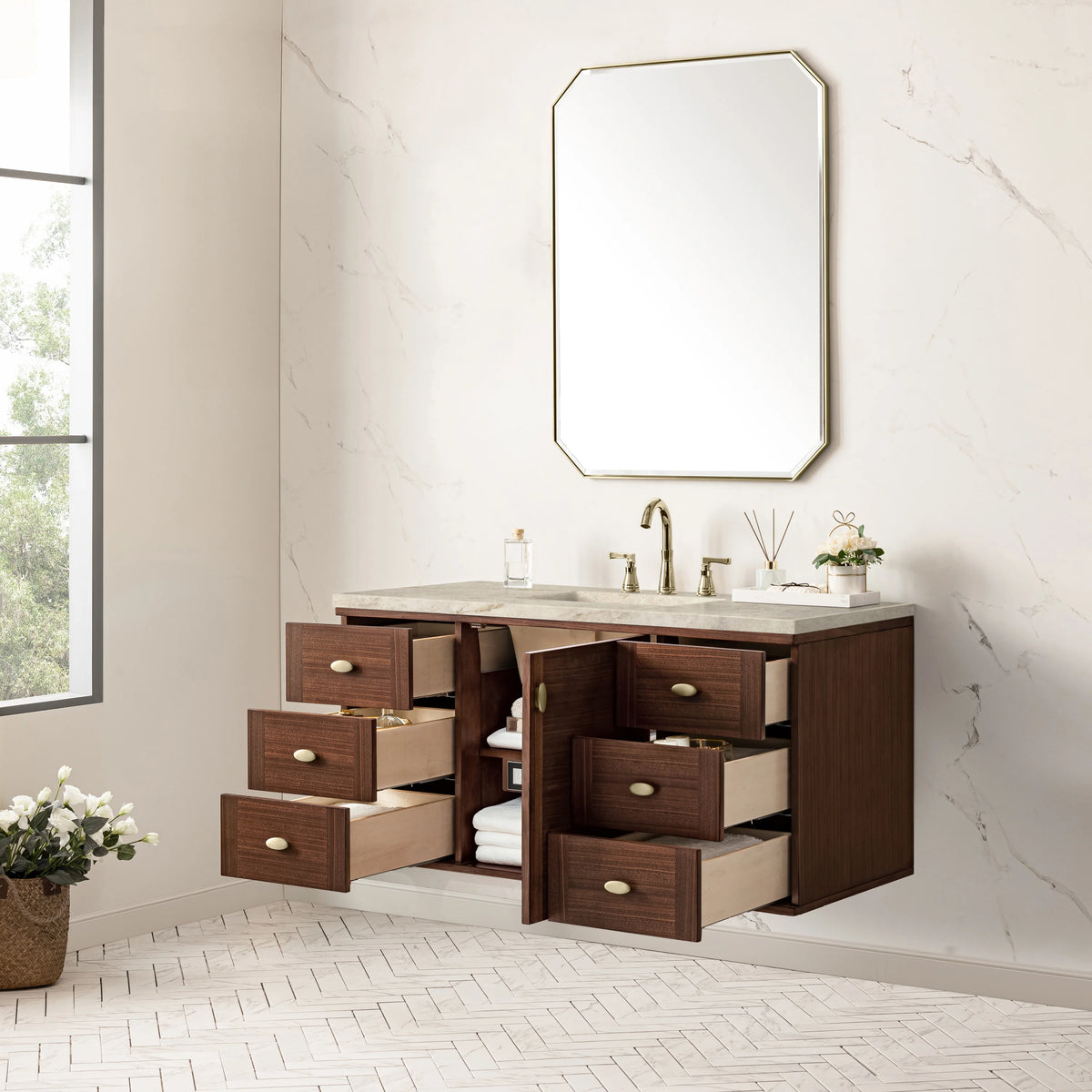 Amberly 48" Single Vanity, Mid-Century Walnut, w/ 3 CM Tajnar Eclos Top w/FreePower Wireless Charger, view 12