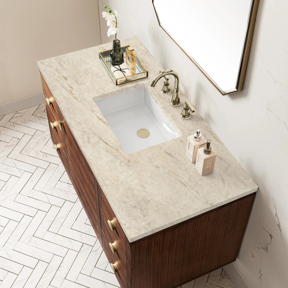 Amberly 48" Single Vanity, Mid-Century Walnut, w/ 3 CM Tajnar Eclos Top w/FreePower Wireless Charger, view 14