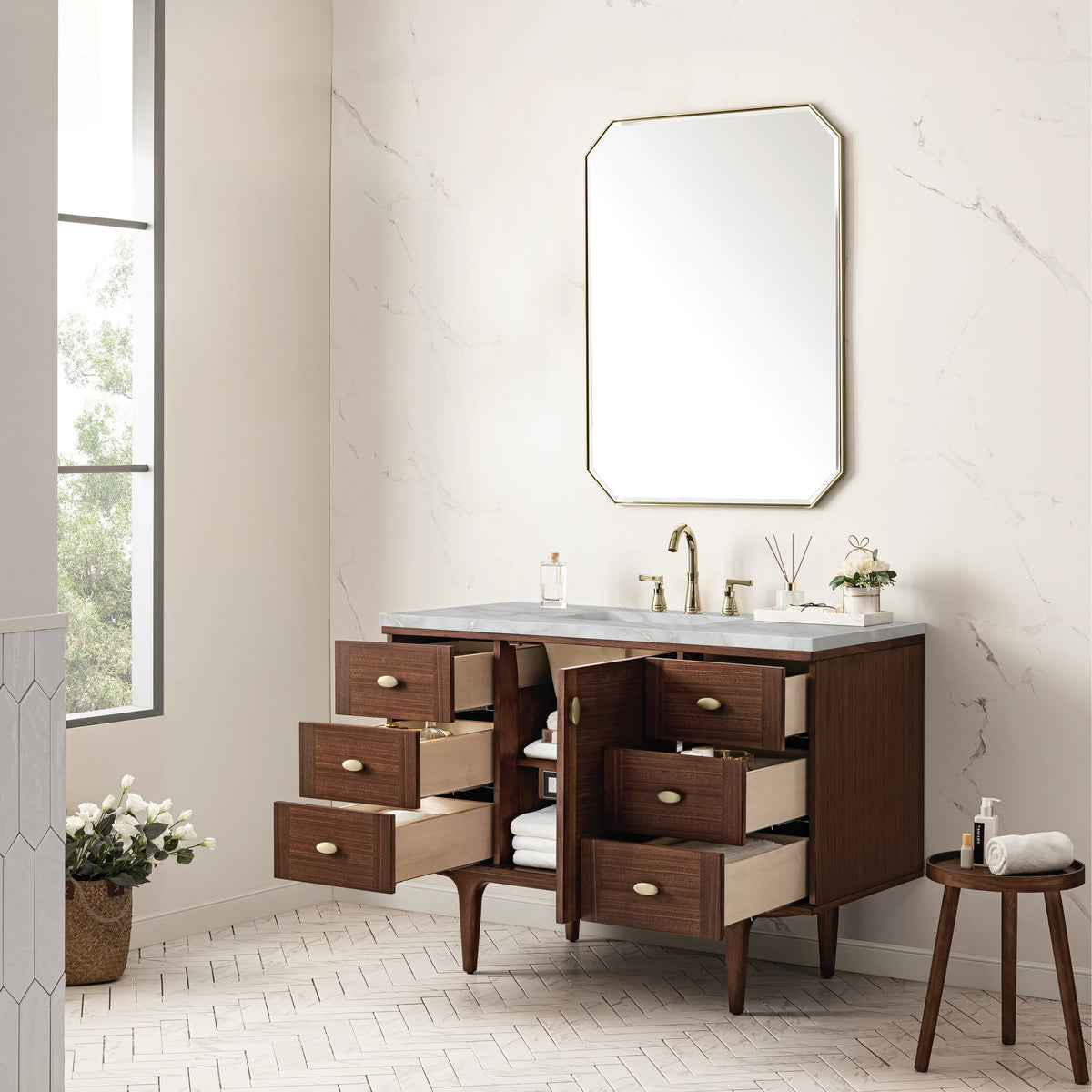 Amberly 48" Single Vanity, Mid-Century Walnut w/ 3 CM Victorian Silver Top w/FreePower Wireless Charger, view 10
