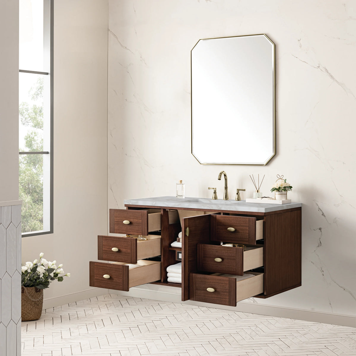 Amberly 48" Single Vanity, Mid-Century Walnut w/ 3 CM Victorian Silver Top w/FreePower Wireless Charger, view 11