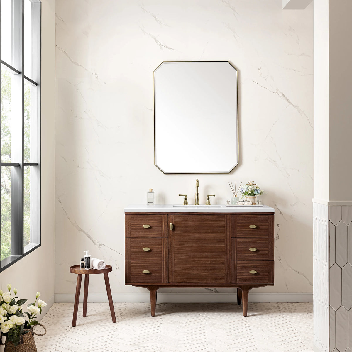 Amberly 48" Single Vanity, Mid-Century Walnut w/ 3 CM White Zeus Top, view 6