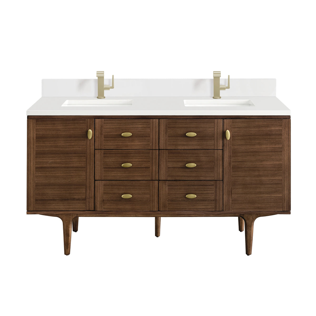 Amberly 60" Double Vanity, Mid-Century Walnut w/ Single Hole 3 CM White Zeus Top & Backsplash, view 2