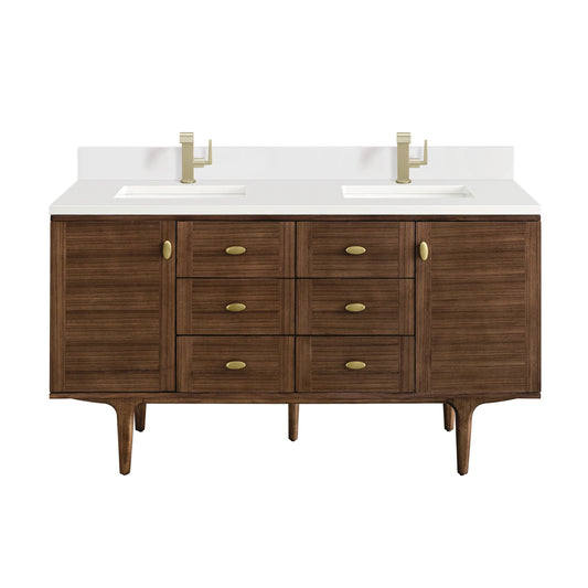 Amberly 60" Double Vanity, Mid-Century Walnut w/ Single Hole 3 CM White Zeus Top & Backsplash, view 2