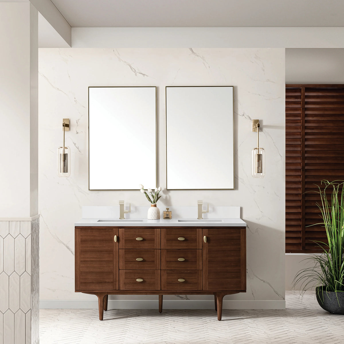 Amberly 60" Double Vanity, Mid-Century Walnut w/ Single Hole 3 CM White Zeus Top & Backsplash, view 6