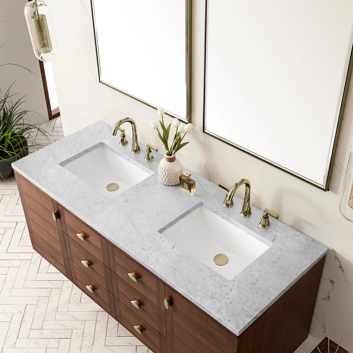 Amberly 60" Double Vanity, Mid-Century Walnut w/ 3 CM Carrara Marble Top, view 12